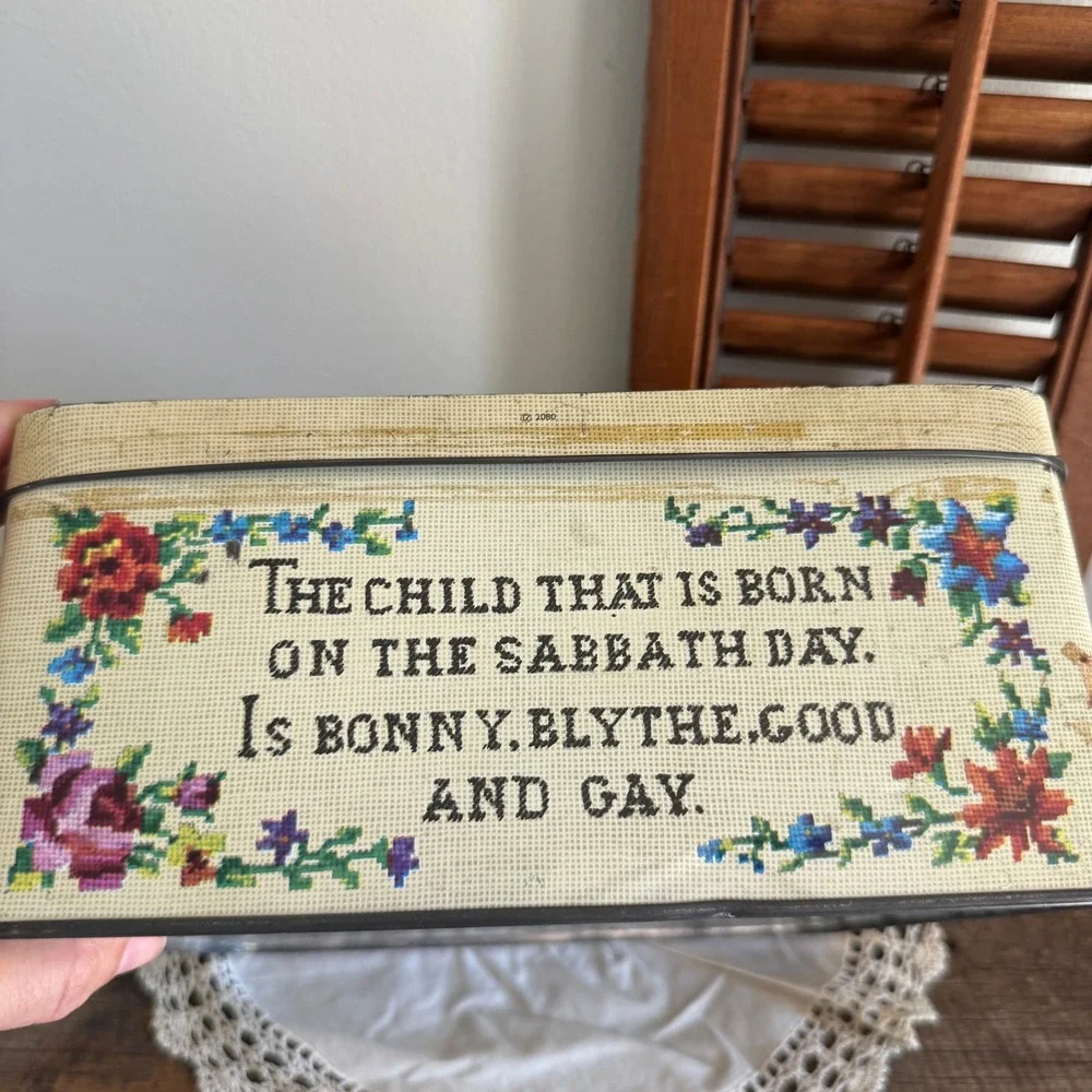 Vintage Carrs of Carlisle England Metal Tin Monday Child Needlepoint Design